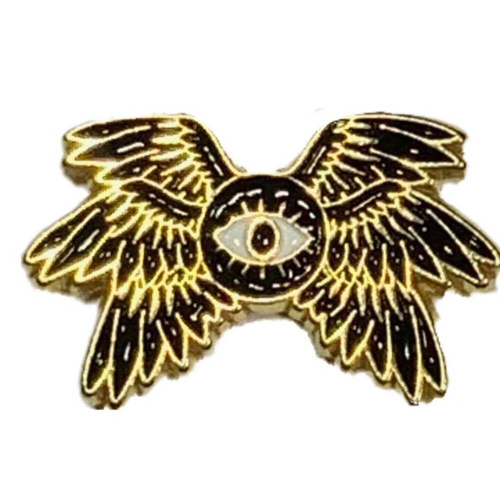 Winged Evil Eye Seraph Enamel Pin Brooch Black & Gold NEW Mystical Occult Goth - Picture 6 of 6